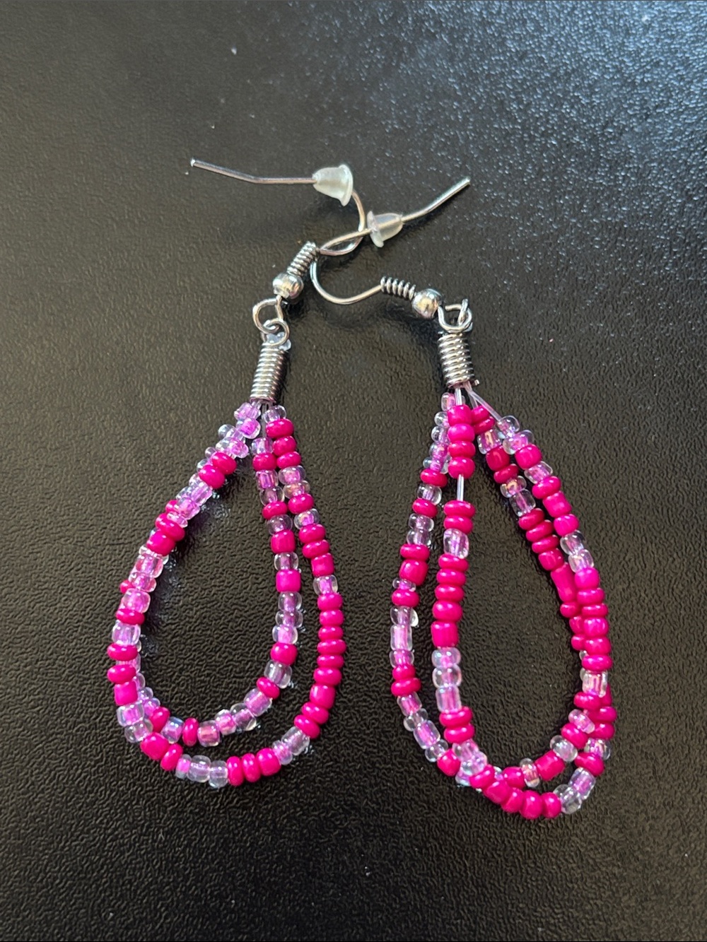 3/$15 - Fuchsia Beaded Loop Earrings with Silver Hooks -